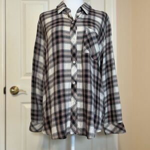 EUC Rails Hunter Long Sleeve Plaid Top Ivory Coral Blush Size Medium
